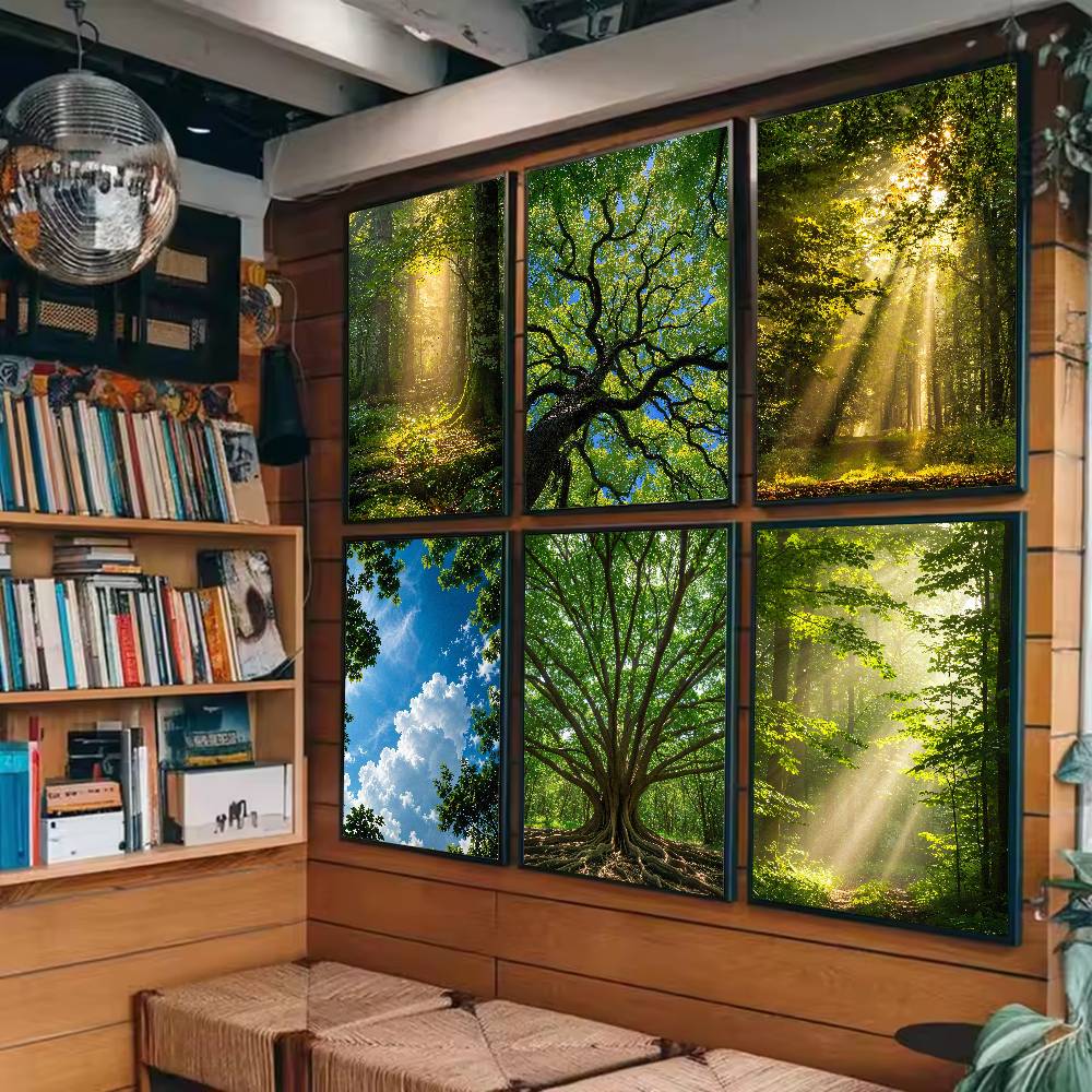 Wall Decor Lighting Tree - Güneş Işığı Ormanı Doğa Posteri, Yeşil